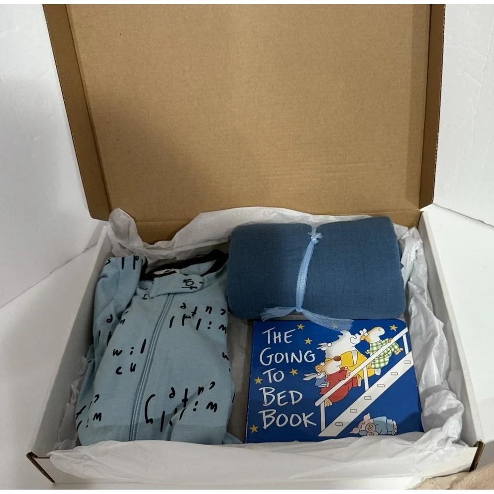 Baby Shower Boy Gift Box The Going To Bed Book, Pajama's 3M‎ Blue Muslin Blanket
